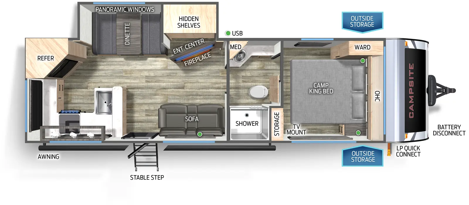 The Campsite Ultra 26TH floorplan has one entry and one slide out. Exterior features include: fiberglass exterior. Interiors features include: rear kitchen, front bedroom and pass through bathroom.